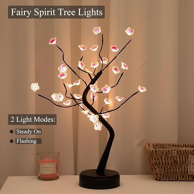 PXBNIUYA 36 LED Cherry Blossom Sparkly Fairy Spirit Tree Lights, Twinkling Tree 3AA&USB Powered, Tabletop DIY Artificial Tree Lamp for Bedroom Christmas Indoor Room Decor Lights (Warm White)