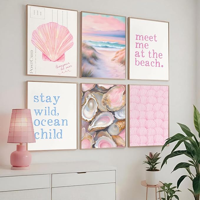 6Pcs Pink Beach Preppy Wall Art Prints Coastal Granddaughter Aesthetic Wall Decor Pictures Summer Oyster Shell Meet Me At The Beach Posters for Girly Bedroom Dorm Apartment Home Decoration 12x16in