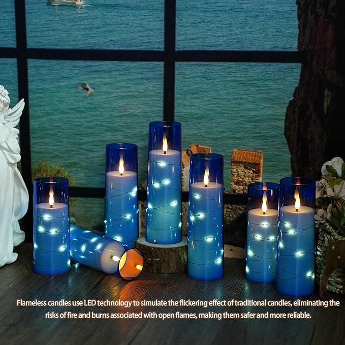 Nimiko Flickering Flameless LED Candles,Battery Operated Candles 9 Pcs with Embedded Star String,Acrylic LED Pillar Candles with Remote,Suitable for Home Decoration to Create an Atmosphere (Blue)