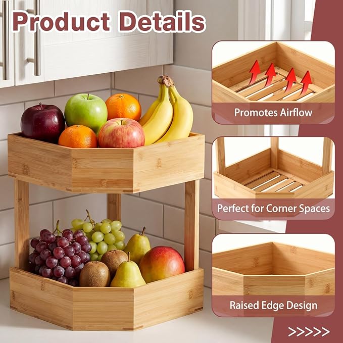 Yerliker 2 Tier Bamboo Corner Shelf Kitchen Fruit Cabinet Organizer Bamboo Corner Fruit Basket for Kitchen Countertop Space Saving Rack Counter Pantry Storage for Vegetables Spice Bottles Plates