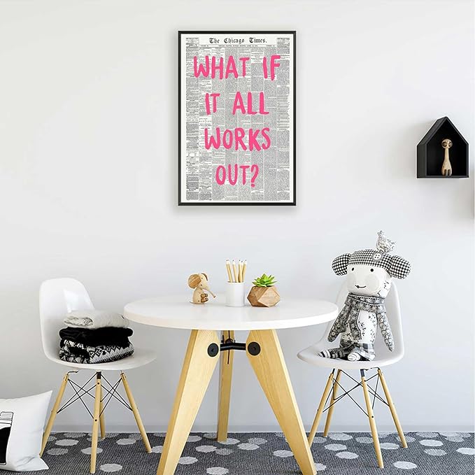 What If It All Works Out Poster Retro Newspaper Pink Font Canvas Wall Art Positive Affirming Quote Minimalist Prints Painting For Home Bedroom Dorm Wall Decor 24x36in Framed