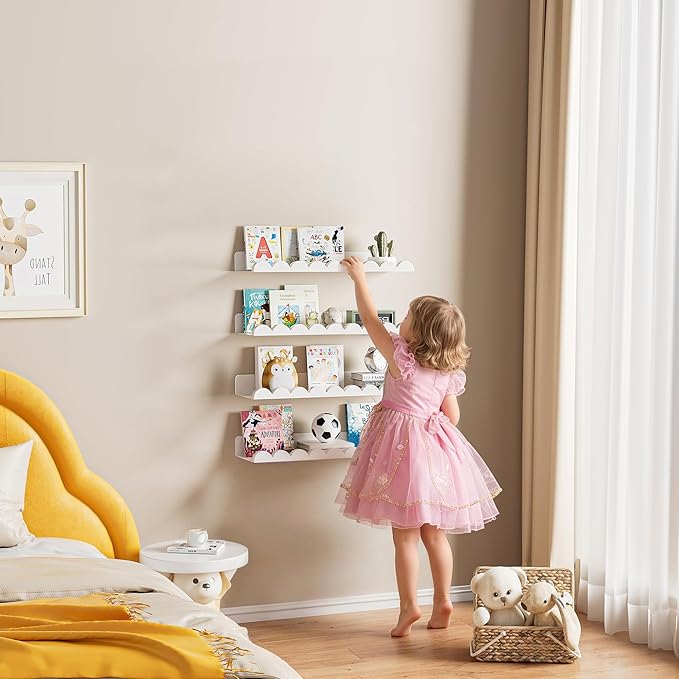 4-Pack Nursery Book Shelves, Scalloped Floating Shelves for Wall Kids, 15.7" Wood Wall Book Shelf for Bedroom Kids, Toddler Room, Baby Room, Nursery Decor,All White