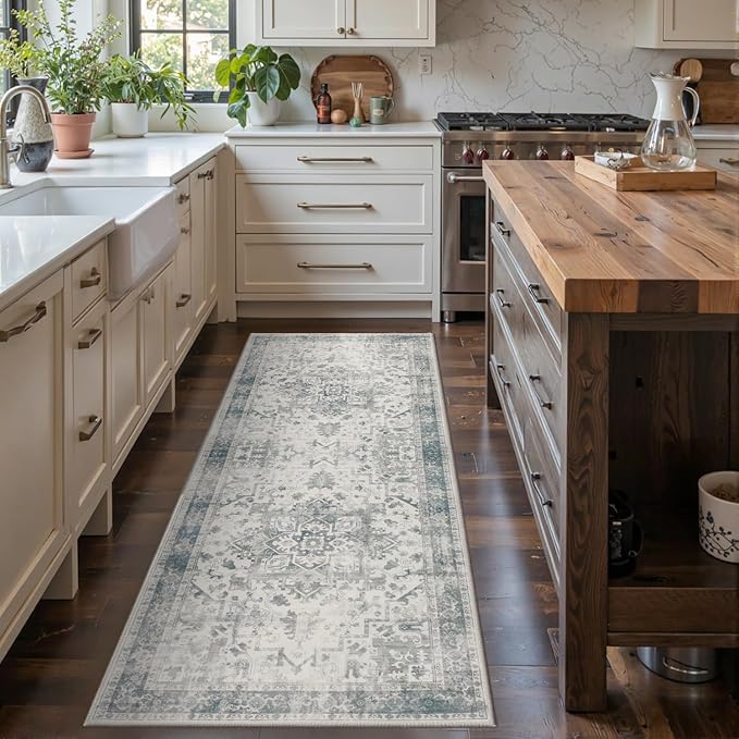 Rugxara 2x5 Hallway Runner Rug, Non Slip Boho Runner Rugs for Hallway, Kitchen, Entrance, Bathroom, Laundry Room, Soft Ultra-Thin Entryway Carpet, Throw Low Pile Retro Imitation Wool Carpet, Blue Grey