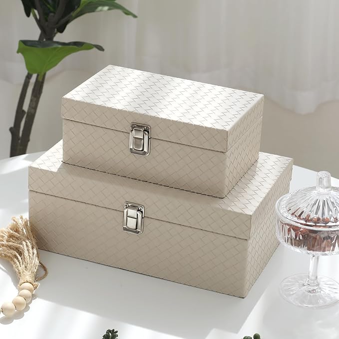 DECOR4SEASON Faux Leather Decorative Jewelry Storage Organizer Boxes Set of 2, Apricot White