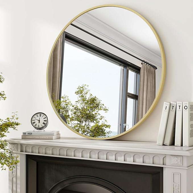 XRAMFY 36 Inch Round Mirror - Circle Mirrors for Bathroom, Entryway and Living Room Wall Decor, Modern Hanging Vanity Mirror, Matte Gold Circle Decorative Wall Mirror