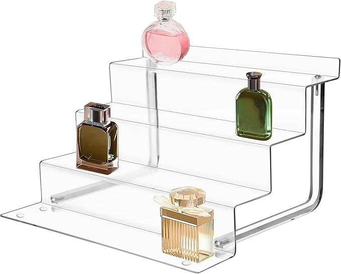 AMT Acrylic Riser Display Stand, 100% Acrylic Clear 4-Tier Organizer for Figures, Cupcake, Perfume, Sunglasses (12 inch x 2.75 inch) 1-pack