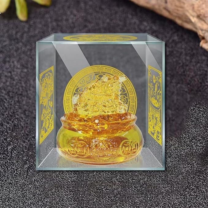 Golden Treasure Basin Feng Shui Money Toad and About 30 PCS Ingot Yuan Bao, 3in Crystal Glass Treasure Basin, 2in Lucky Golden Toad Ideal Adornment for Attracting Wealth, Office Home Decor (with Box)