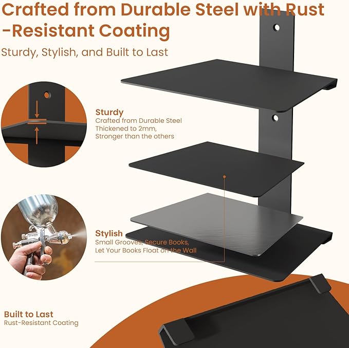 Wawocs Invisible Bookshelf for Wall, 8 Tier Floating Bookshelf Made of Heavy Duty Metal, Vertical Spine Book Tower Hanging Wall Bookshelf, Floating Book Shelves for Wall, 4 Pack Black