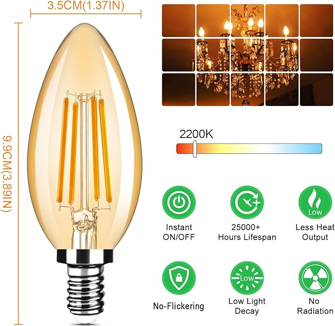 Yochoice 6-Pack Dimmable E12 Candelabra Bulbs 40Watt Equivalent, 2200K Amber Warm White, 380Lumens, 4W B11 Chandelier Light Bulbs, Filament Clear Glass Candle Lamp for Ceiling Fan Home Decor