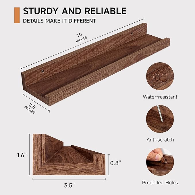 Fun Memories Walnut Floating Picture Ledge Shelves for Wall Decor, Wall Mounted Wood Storage Shelf for Bedroom, Living Room, Bathroom, Kitchen, Nursery, Display Picture Ledge Shelf Set of 2-16 Inches