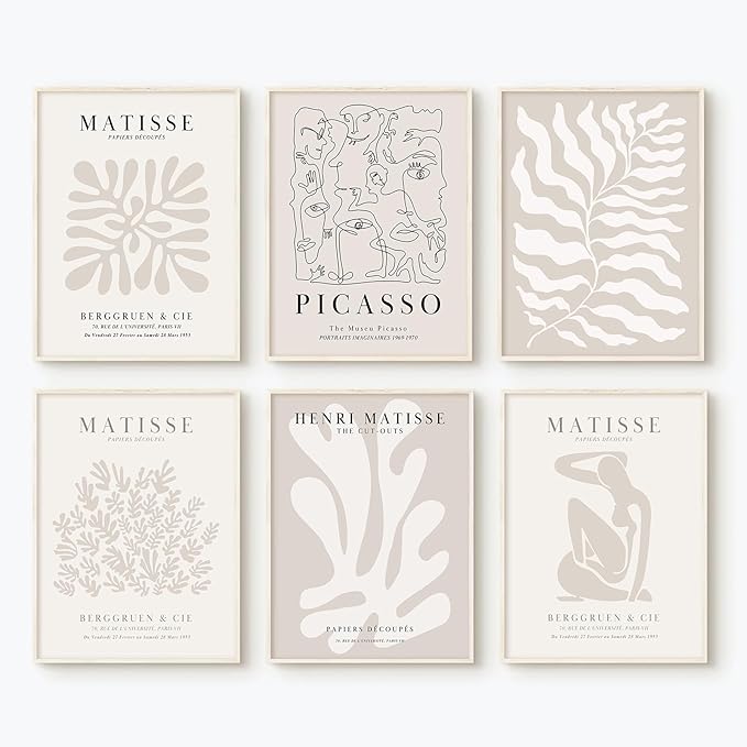 Henri Matisse Wall Art Prints Flower Abstract Canvas Pictures Aesthetic Beige Wall Art Decor Matisse Picasso Poster Gallery Vintage Painting Artwork for Bedroom 8x10 Inch Unframed Set of 6