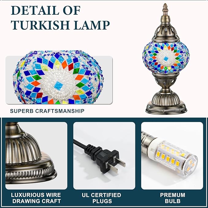 Marrakech Turkish Table Lamp with Bronze Base，Handmade Blue Moroccan Tiffany Style Mosaic Glass Night Stand Light Fixture Including LED Bulb for Living Room Bedroom Decor (Blue)