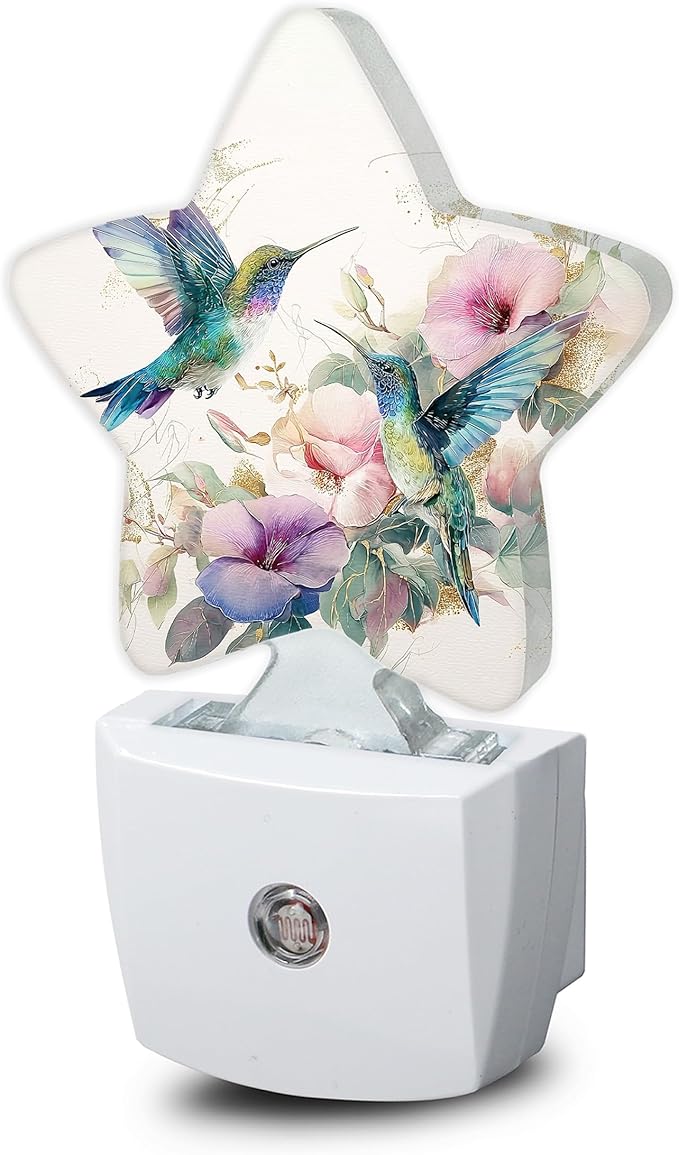 Hummingbird Bird Floral Night Lights Plug Into Wall,Vintage Flower Star Night Light for Kids,Nightlight with Dusk to Dawn Smart Sensor for Bedroom Bathroom Decor,Children Women Men Gift