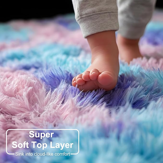 Amdrebio Purple Rainbow Mermaid Area Rugs 9x12 for Girls Bedroom Decor Aesthetic, Plush Fluffy Kawaii Large Big Rugs for Kids Room Nursery Playroom, Cute Stitch Frozen Fuzzy Furry Baby Toddler Carpet