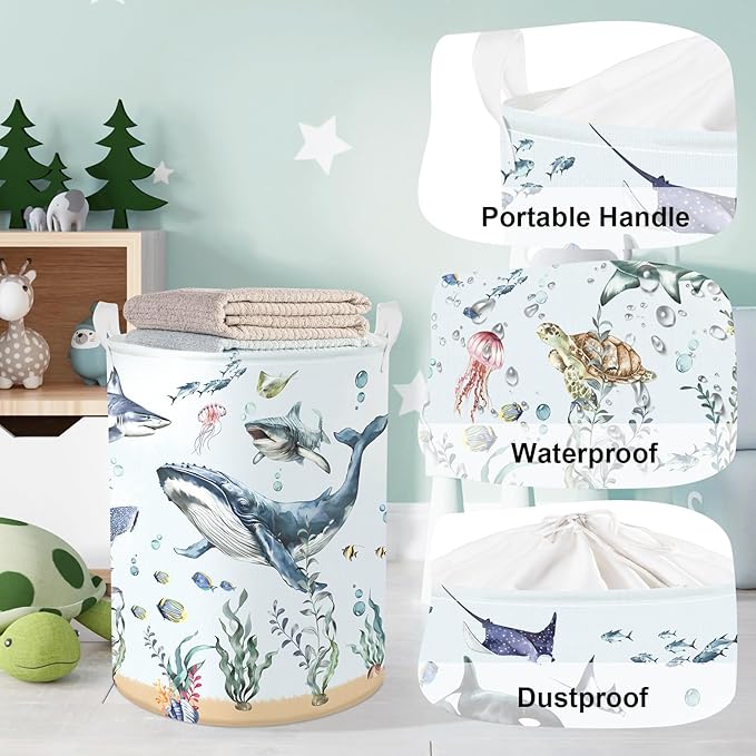Ocean Animals Baby Laundry Hamper Collapsible Clothes Kids Storage Basket Large Boys Girls Gift Toy Box Bin for Nursery Room, Blue Shark, 63L