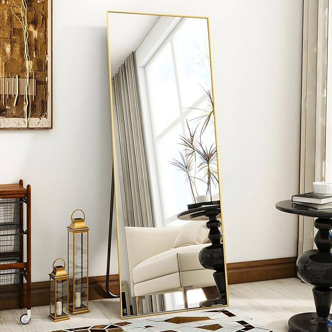 VooBang Mirror Full Length, 21" x 64" Floor Mirror with Stand, Aluminum Alloy Frame Full Body Mirror, Standing Hanging or Leaning Against Wall for Bedroom and Living Room, Gold