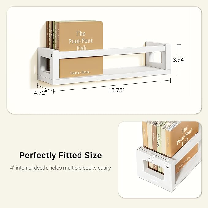 TidyCorner Upgraded Thick Floating Shelves, Solid Wood Bookshelf for Wall, Floating Book Shelves Use as Wall Shelves for Bedroom, Kids Room, Nursery, Books, Spice Rack & Decor - White