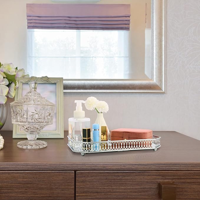 Perfume Vanity Mirror Tray - Durable Decorative Organizer for Dresser, Bedroom, Bathroom Countertops - Spacious 13.8x9.6x2.2 Inches, Scratch-Resistant - Silver
