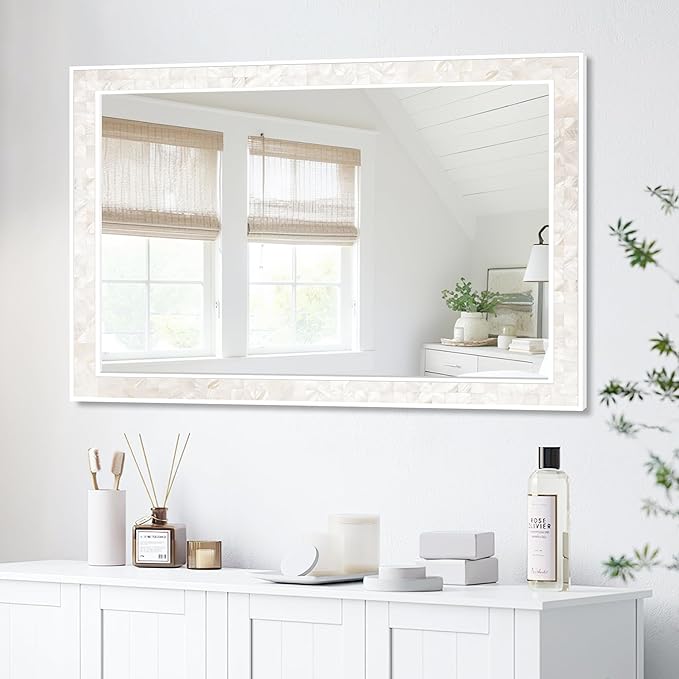 Tanmicoshomy White Shell Framed Rectangular Mirrors for Bathroom, 30x48 Inch Lagre Mirrors with Tempered Glass for Bedroom Living Room or Entryway, Horizontal or Vertical Hanging