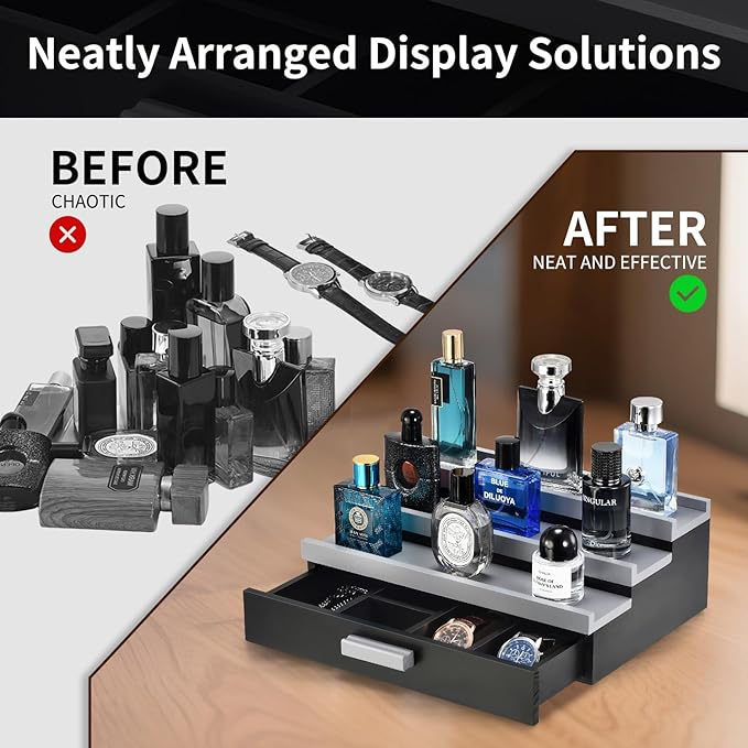 Perfume Organizer for Men, 3 Tier Wood Perfume Display Stand with Velvet Lining Drawer and Hidden Compartment for Watch,Jewelry,Perfume Display Risers,A Gift for Men (Black+Gray)