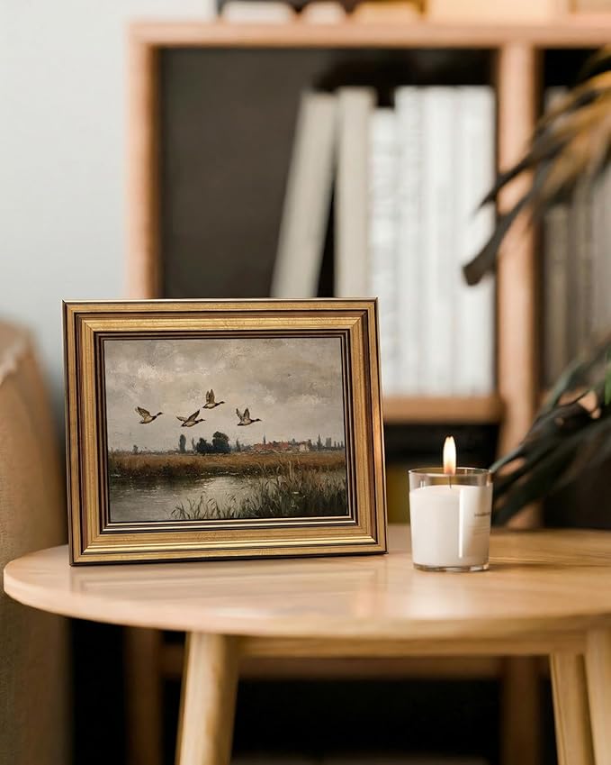 InSimSea Gold Framed Canvas Wall Art, Vintage Bedroom Decor, Flying Ducks Landscape Paintings Farmhouse Decor Aesthetic, Small Countryside Prints for Bedroom Living Room Shelf Gift, 8x10inch