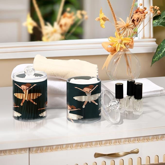 Nander 2Pack Girl Dancing Ballet Qtip Holder Dispenser -Clear Plastic Apothecary Jars Set - Restroom Bathroom Makeup Organizers Containers for Cotton Swab, Ball, Pads, Floss