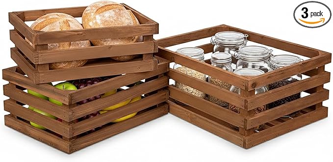 Set of 3 Nesting Wooden Storage Crates - Large Rustic Wooden Storage Crates for Display Brown Wood Container Boxes Wood Baskets for Farmhouse Flower Stand Display Rack for Shops Exhibitions Home Decor