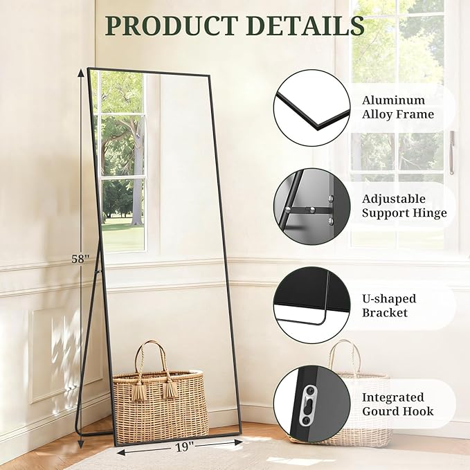 Mirror Full Length 58"x19" Full Body Floor Mirror with Stand, Shatterproof Glass, Aluminum Alloy Frame, Free Standing Wall Mounted or Leaning Rectangle Mirrors for Bedroom Living Room Entryway
