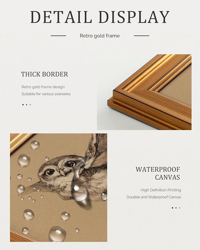 Bzstyleart Vintage Wall Art Decor for Living Room, Gold Framed Wall Art, 8 x 10 Inch Owl Animal Picture, Canvas Picture Print Painting for Bedroom Bathroom Classroom Decor
