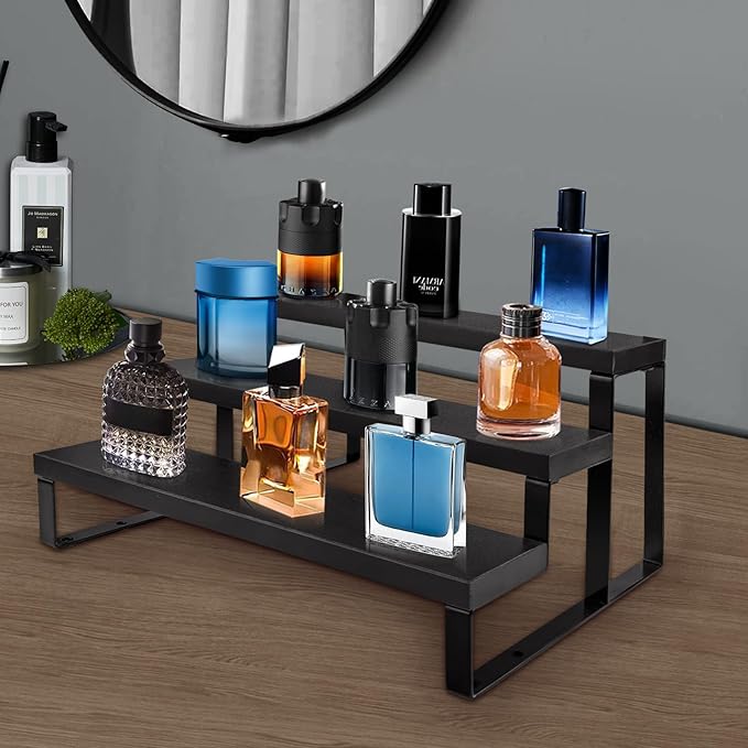 3 Tier Cologne Stand for Men 2 Pack,12 Inch Wooden Cologne Organizer for Dresser Waterproof Perfume Organizer with Anti-Slip Washers for Makeup,Figures,Cupcake,Perfume,Dessert,Display Risers Stand