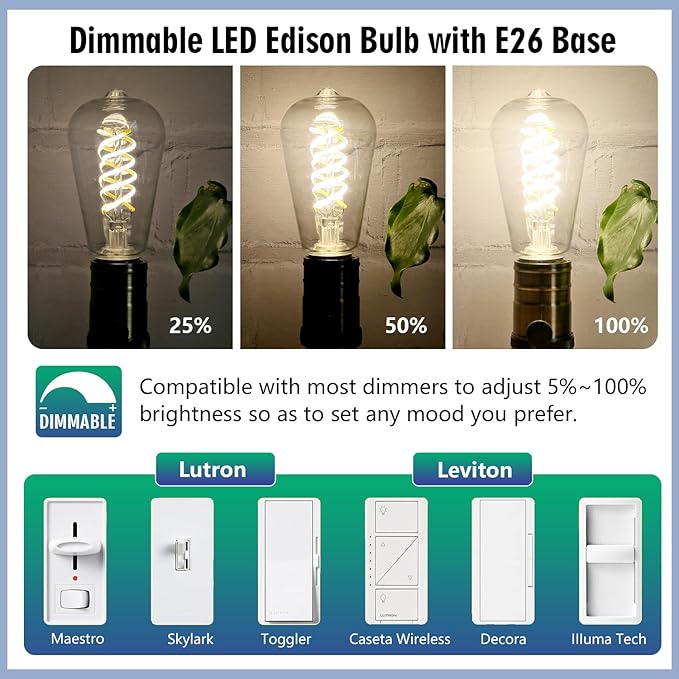6-Pack Dimmable Vintage LED Edison Bulbs, E26 LED Bulb 60 Watt Equivalent, Neutral White 4000K, ST19/ST58 Antique Spiral Filament Decorative Light Bulb CRI 80.