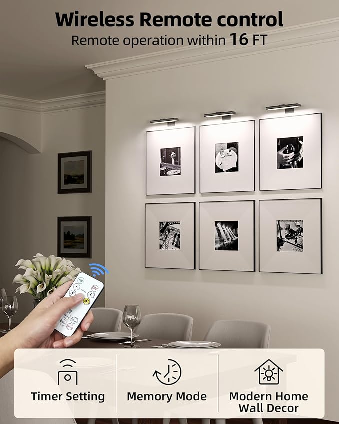 EZVALO Picture Light for Wall, Rechargeable 2400mAh Battery Lights Wireless with IR Remote, 3 Color & Dimmable Magnetic 7.87'' LED Lights Display for Painting, Living Room, Gallery, Bedroom(Black-2P)