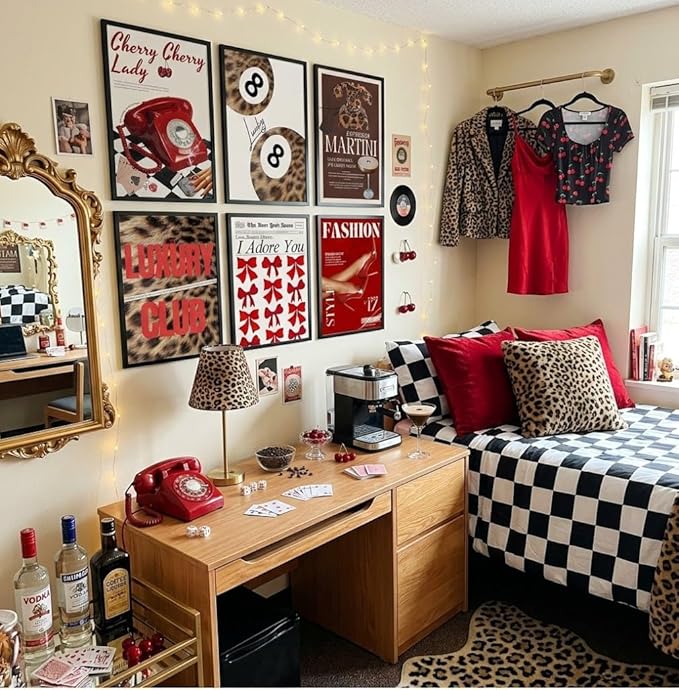 Y2K Room Decor Aesthetic, 6 Pcs Red Eclectic Wall Art Set, Funky Preppy Room Decor, 8 Ball & Lucky You Poster, Cheetah Leopard Print Canvas Wall Art, 8x12 Unframed Gallery Wall for Bedroom Dorm Apartment