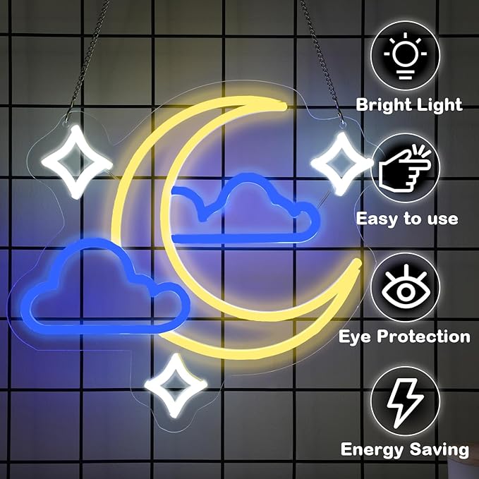 Moon Star Cloud Neon Sign - Moon Star Cloud LED Light for Kids, Teens, Baby Bedroom, Game Room Wall Decor - Dimmeable Premium USB Powered Neon Night Light with On/Off Switch - 14x13-Inch