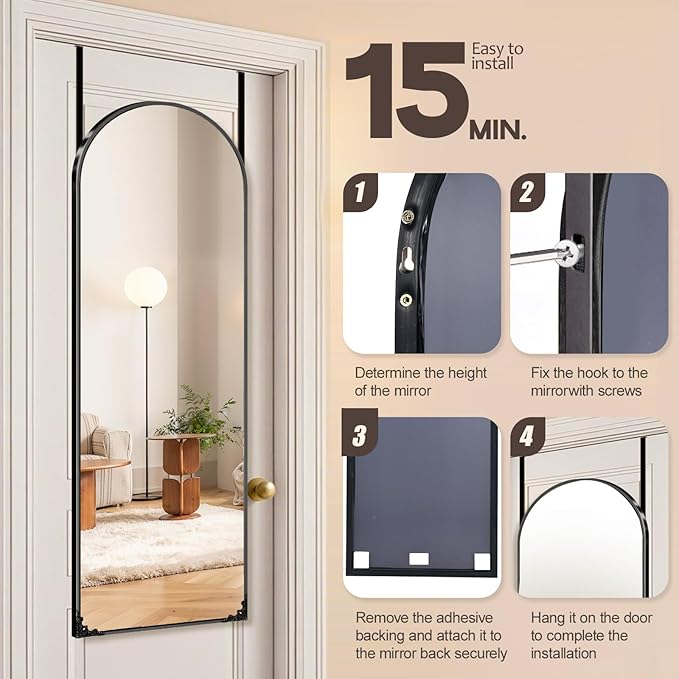 50"x16" Door Mirror, Arched Full Length Mirror, Over the Door Mirrors Full Length, Hanging Mirrors for Bedroom, Bathroom, Black