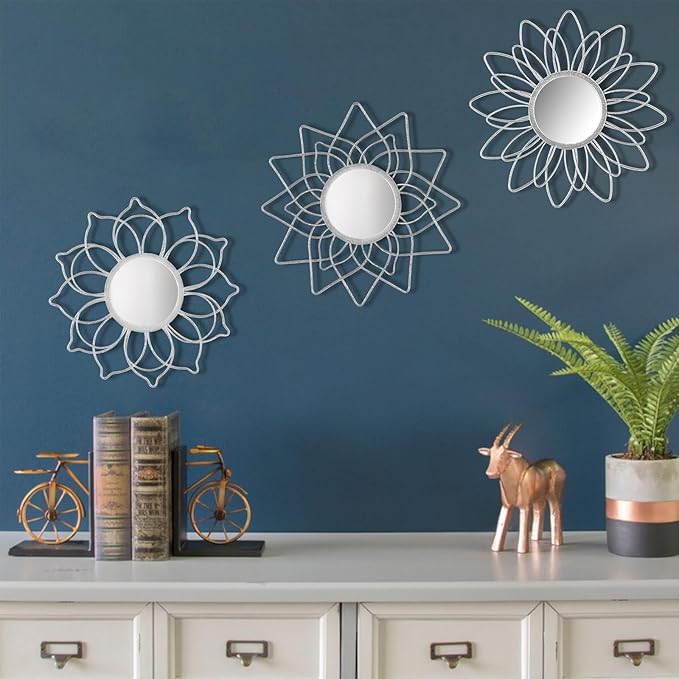 Silver Mirrors for Wall, 9 inch Metal Flower Mirrors Home Valentine Decoration, Valentine Wall Art Decorative Mirror Small Mirror for Living Room Bedroom, Entrance Set of 3