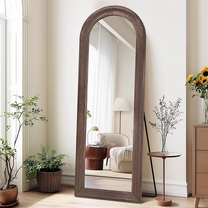 Solid Wood Full Length Mirror - 65"x22" Arched Floor Mirror, Free Standing & Wall Mounted - Elegant Design for Bedroom, Dressing Room, Hallway, Brown