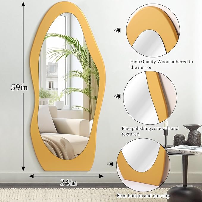 Full Length Mirror Gold Wooden Full Body Mirrors 59"x24" Irregular Wavy Mirror Full Length Floor Mirror for Cloakroom Bedroom Living Room