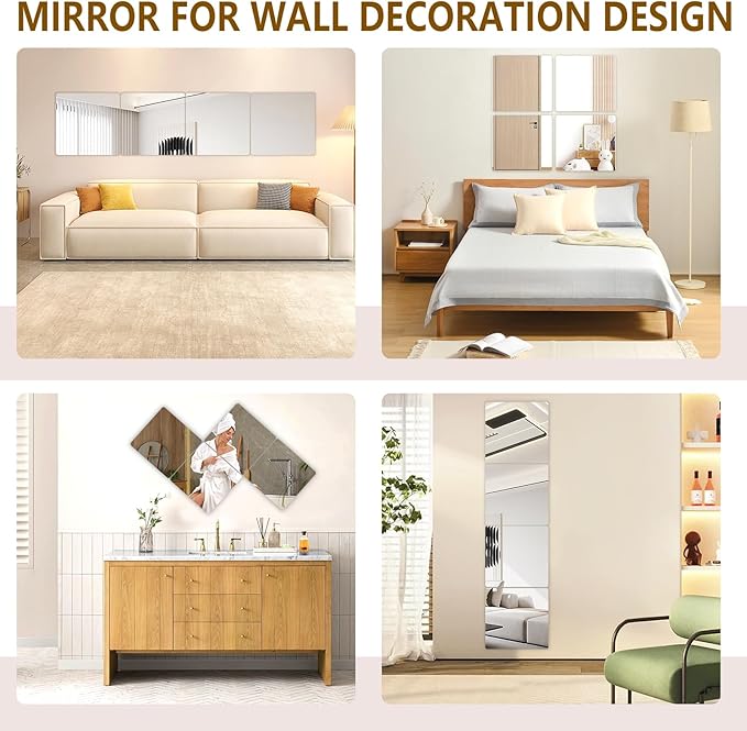 Stick on Small Mirror for Wall Decor, Plastic Non Glass Sticky Kids Safety Toddler Mirrors, 4 Pack 16”x12” Acrylic Mirror Tiles, Shatterproof Mirrors Sheet for Bedroom Closet，Gym Body Mirror's
