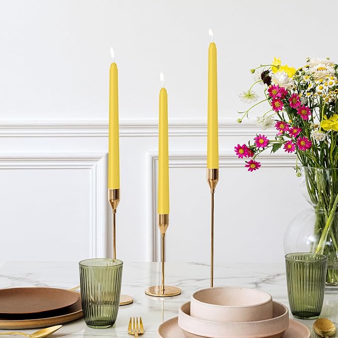 LYOBATH 30 Pack Yellow Taper Candles - Taper Candles 10 Inch Dripless, Smokeless & Unscented - 8 Hours Long Burning - Ideal for Weddings, Dinner Parties, and Home Decor