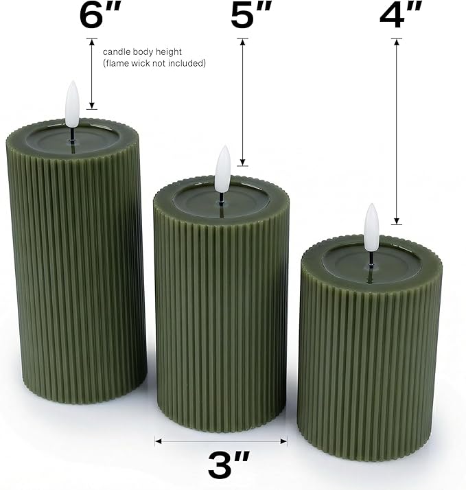 Fluted Ribbed LED Pillar Candles, Loden Green, with Reflective Melted-Wax Effect – Flickering Flame, Remote, Dimmable, Flameless, Battery Operated, Home & Wedding Decor (Set of 3)