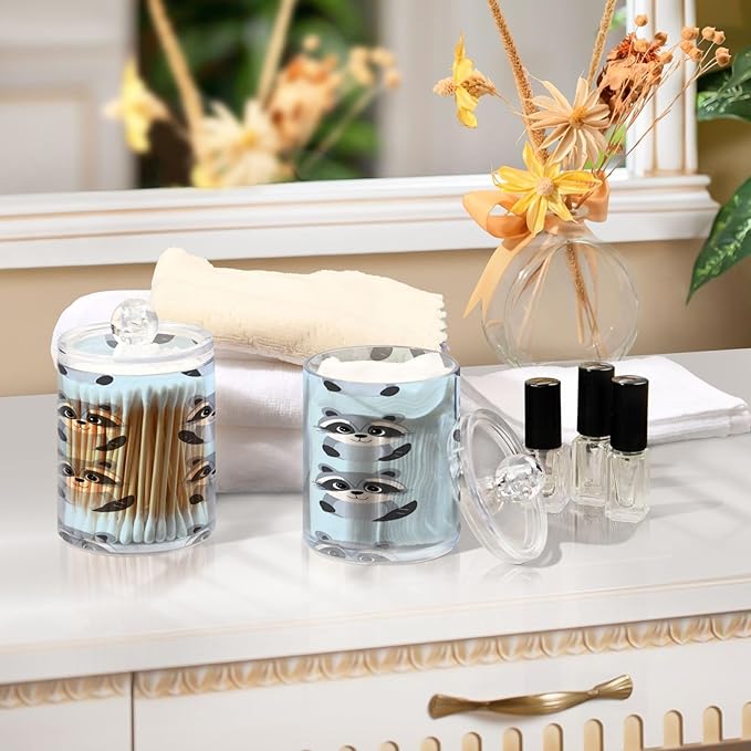Nander 4Pack Cute Cartoon Raccoon Qtip Holder Dispenser -Clear Plastic Apothecary Jars Set - Restroom Bathroom Makeup Organizers Containers for Cotton Swab, Ball, Pads, Floss