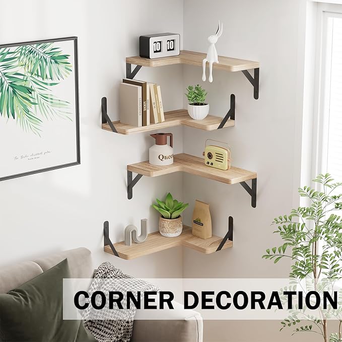 Muzilife Corner Floating Shelves Wooden Floating Shelves Set of 4, Wall Mounted for Storage, L-Shaped Wall Decor Organizer for Bedroom, Bathroom, Kitchen, Living Room and Office, Natural Wood