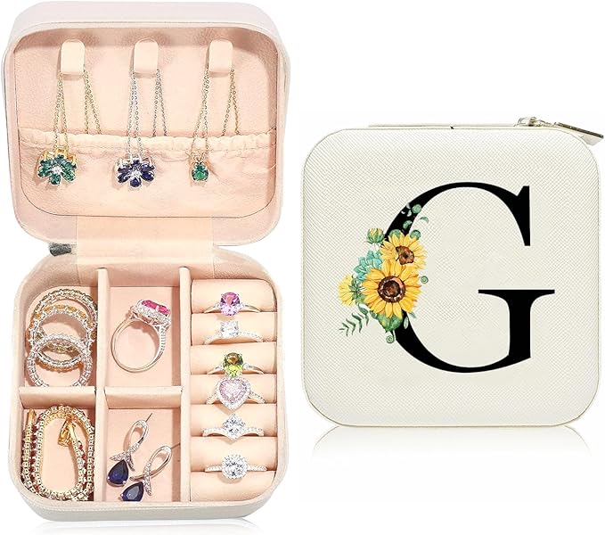Sunflower Jewelry Case,Sunflower Gifts for Women,Initial G Travel Jewelry Box,Valentine's Day Gift Easter Personalized Gifts for Teen,Mom,Wife,Bridesmaids,21st Birthday Gift for Her