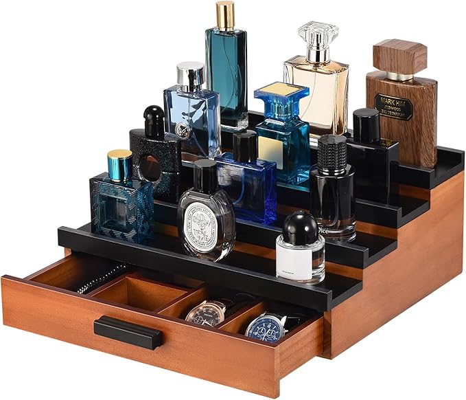 Perfume Organizer for Men, 4 Tier Wood Perfume Display Stand with Velvet Lining Drawer and Hidden Compartment for Watch,Jewelry,Perfume Display Risers,A Gift for Men (Black+Walnut)