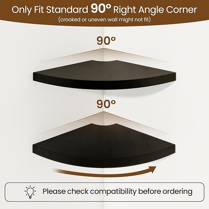 Fun Memories Corner Shelf Wall Mount, Solid Oak Wood Floating Corner Shelves with Cable Hole, 7in Rustic Design for Bedroom, Bathroom, Kitchen, Living Room (Black, 1 Pack)
