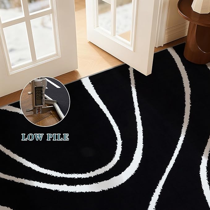 YIHOUSE Abstract Washable Rug 8x10,Ultra Thin Non Slip Black Rugs for Living Room,Modern Minimalist White Stripe Rugs for Bedroom,Dining Room Office Playroom (8'x10',Black-2)