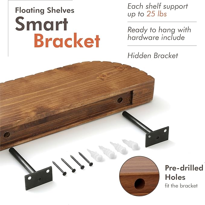 GRID FORTE Wood Rounded Fluted Floating Shelf Set of 2, 16Wx5.5D Inch– Modern Display Shelf with Decorative Edge, Rustic Hanging Storage for Plants, Books, Photos & Home Décor