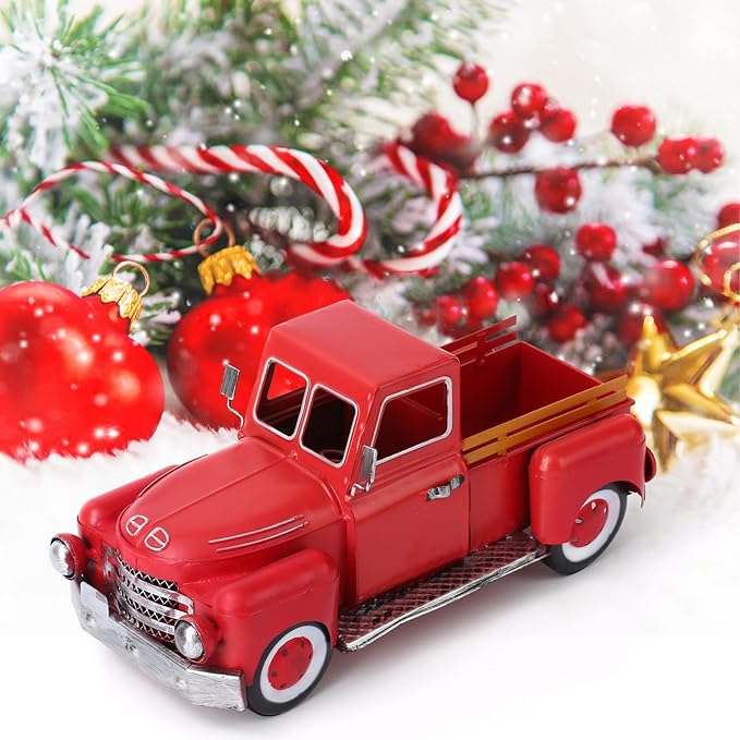 Vintage Red Truck Decor, Farmhouse Metal Outdoor/Indoor Pickup Planter, Christmas Red Trucks Decorations, Decorative Tabletop Storage,Gift Basket for Holiday
