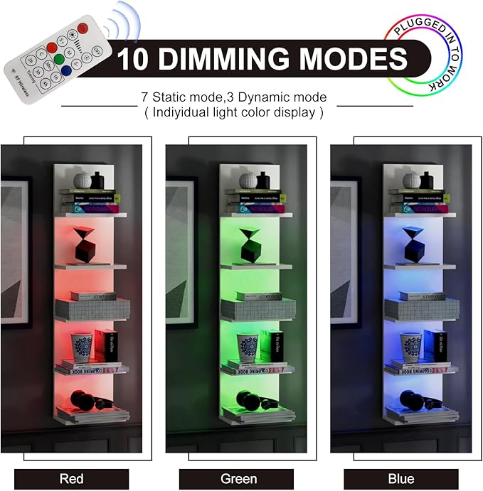 VIWODS 5-Tier Wall Shelf Unit with RGB Light, Floating Lack Shelf for Wall Storage, Wall Mounted Vertical Display Shelf for Bedroom Living Room Vanity, White
